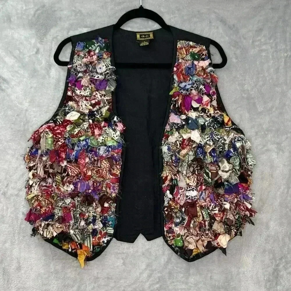 Vintage AJ Womens Western Sz S Silk Hippie Fringe Vest Multicolor Boho Oversized